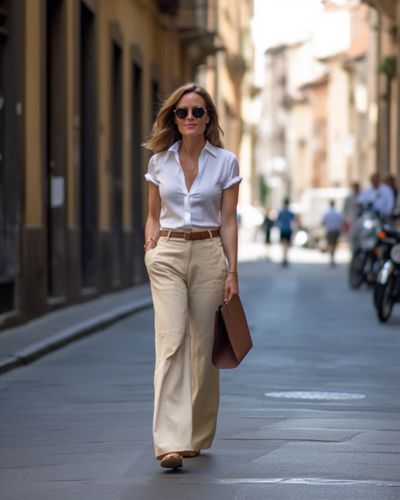 Wide Beige Pants with Short Sleeve White Shirt